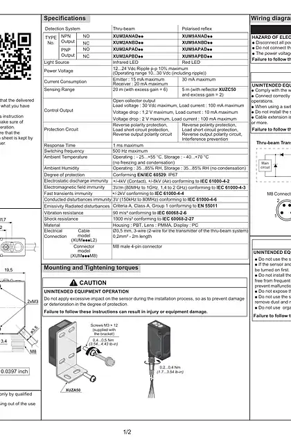 schneider施耐德XUM2A _ XUM9A Photo-electric sensors - Miniature design_ 说明书